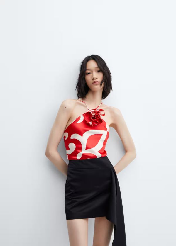 Mango Satin Top With Decorative Flower Print