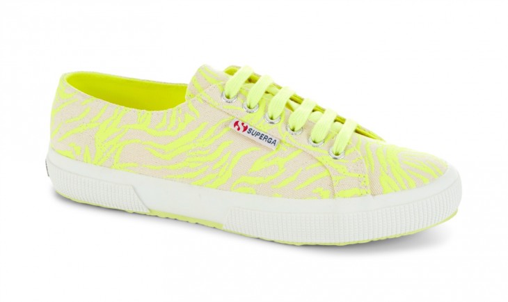 TRY: Superga 2750 in Yellow Fluo features zebra graphics in neon with a strong, breathable cotton upper in lightweight canvas and a natural vulcanized rubber sole.