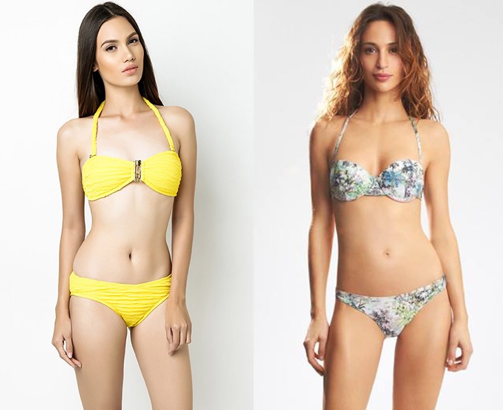 Try: Croatia Bandeau swimwear, P1,880, I Love Koi at Zalora (left); COCONUT Palm tree printed padded demi cup, P1,490, bikini bottom, P890, Etam (right)