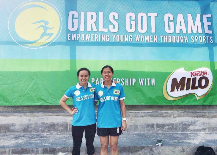 Girls Got Game founders and managing directors Nikka Arcilla (left) and Kryzanne Ty (right) pose proudly in front of their event tarp at their inaugural sports camp