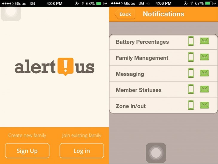 Screenshots of the Alert.Usapp taken directly from the author’s phone