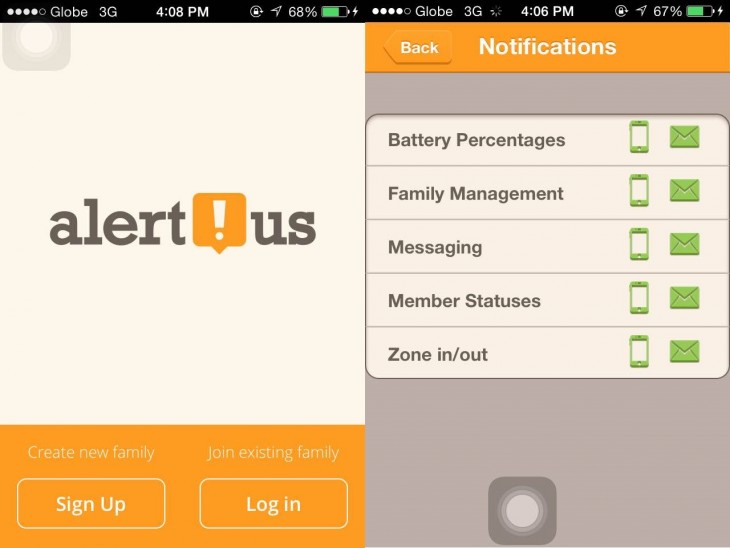 Screenshots of the Alert.Usapp taken directly from the author’s phone