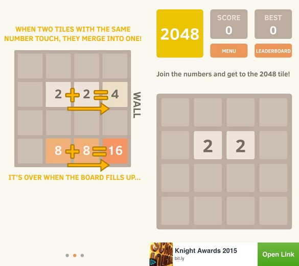 Screenshots of the 2048 app taken directly from the author’s phone