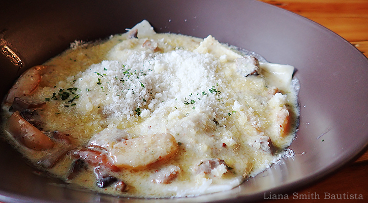 Mushroom Ravioli, P400 Kesong puti, shiitake, button and milky mushrooms, pili nuts, light cream sauce