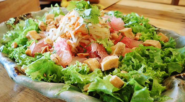 Pomelo Salad, P360 Salad greens, green papaya, carrots, cucumber, pomelo, mint cilantro, peanuts, fried tokwa, crispy shallots, fish sauce, lime vinaigrette