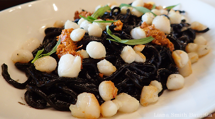 Scallops and Aligue, P480 Local scallops, squid ink pasta, aligue, anise liquor, mild chilies