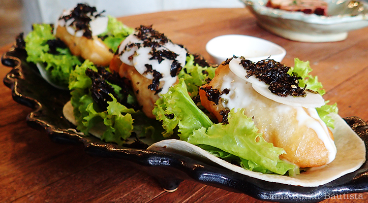 Fish and Roasted Sesame Taco, P190 (2 pieces) / P270 (3 pieces) Loro, salad greens, cucumber, seaweed, roasted sesame dressing