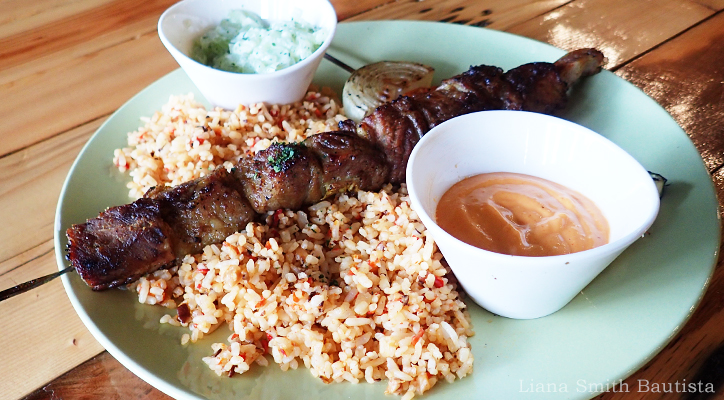 Beef Kebab, P410 Boneless beef ribs, tzatziki, grilled vegetables, choice of organic Ifugao rice pilaf or 3 pieces flour tortilla and organic mixed greens