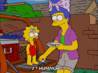 Marge Simpson applying sunscreen on Maggie