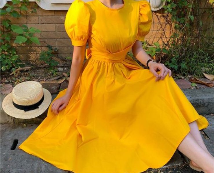 yellow puff sleeve dress