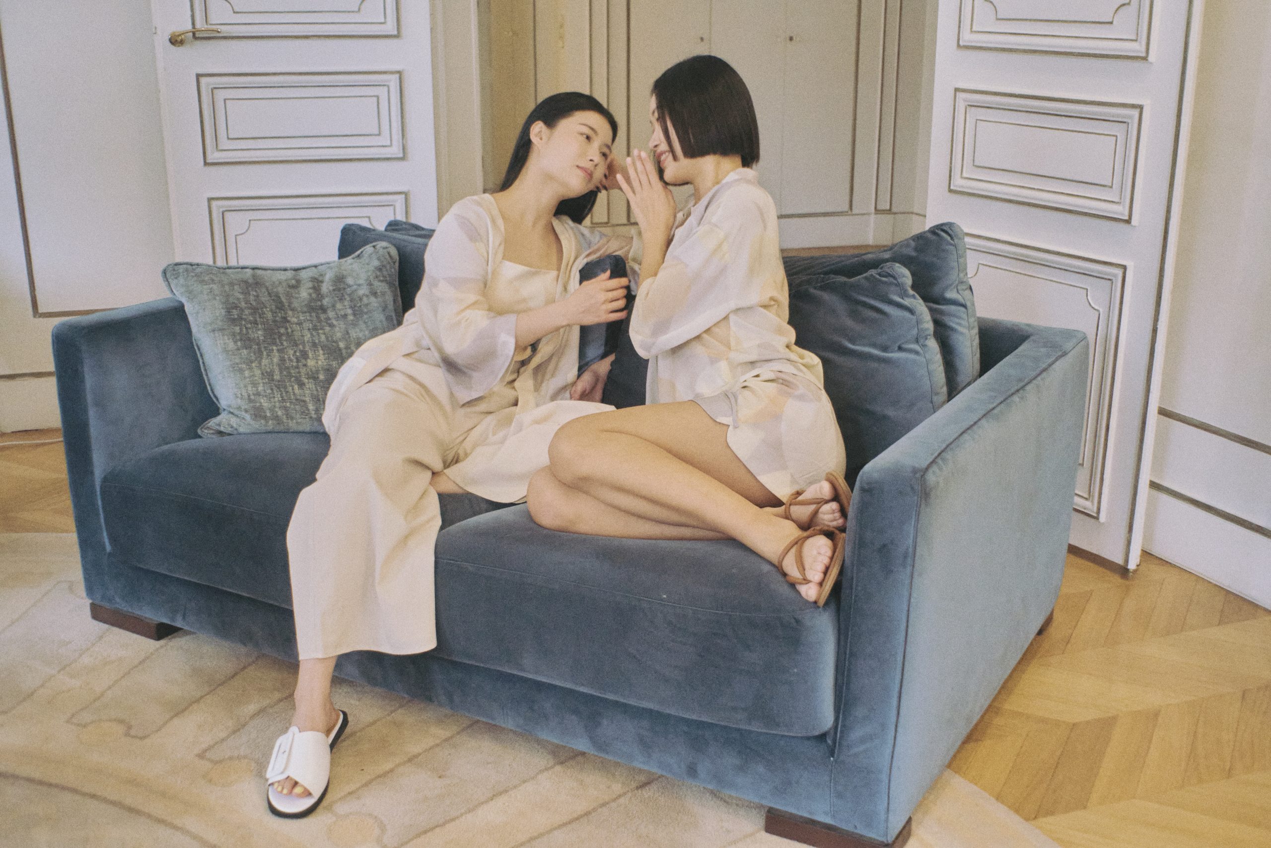Left to Right_ Kracie Relaxed Kimono in Simple Pleasures, Elka Regular Palazzo Pants (White), Helene Relaxed Button Down Shirt in Simple Pleasures, Kaia Relaxed Drawstring Shorts in Simple Pleasures