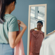a girl trying out an outfit