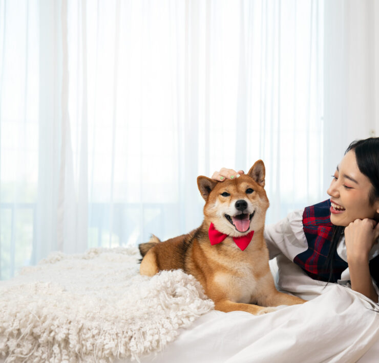 a lady and her dog on the bed smiling