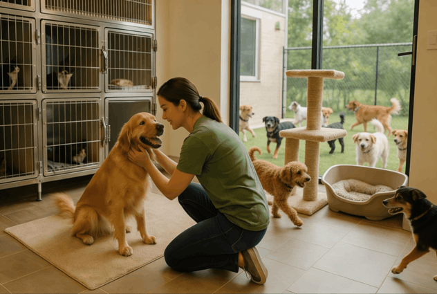 Woman taking care of a dog while surrounded by other pets.