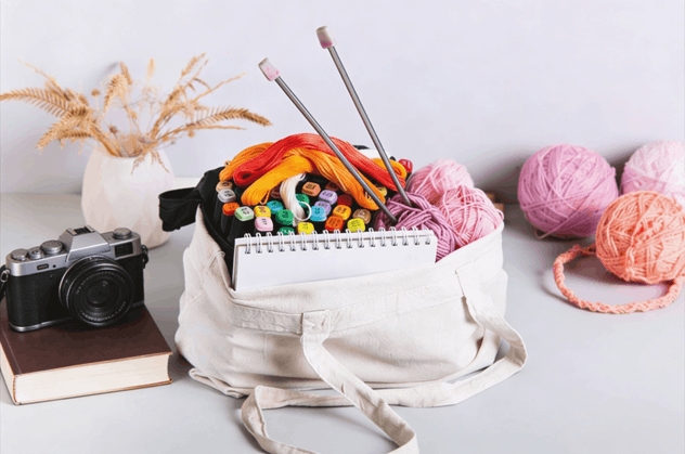 example of an analog bag filled with supplies for different offline hobbies