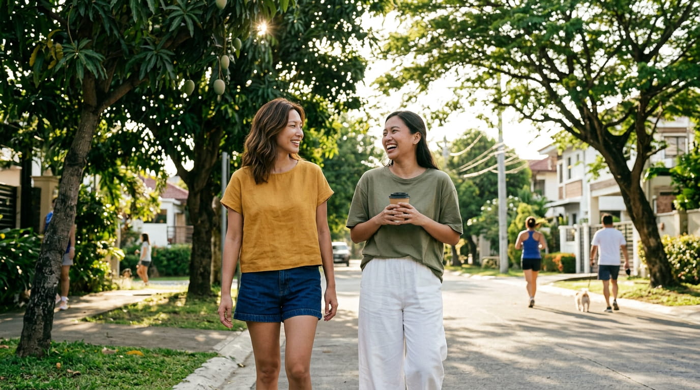 Two women laughing while walking through a sunny neighborhood street with coffee.