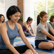 A group of women smiling while practicing yoga and stretching on mats in a bright studio.