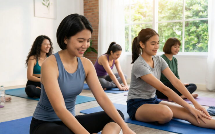 A group of women smiling while practicing yoga and stretching on mats in a bright studio.