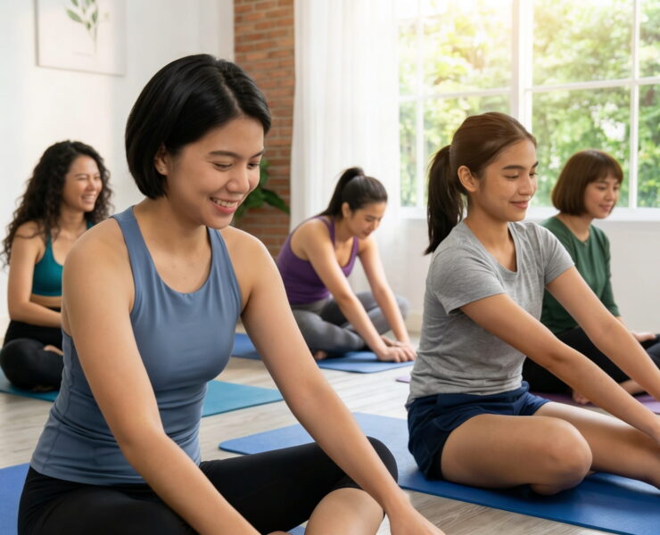 A group of women smiling while practicing yoga and stretching on mats in a bright studio.