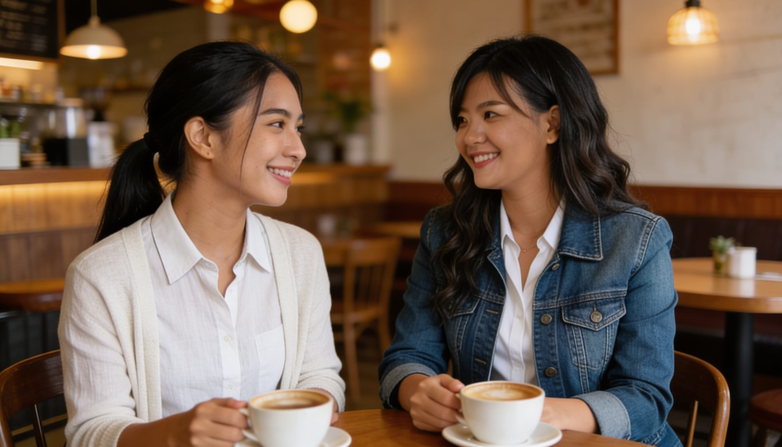 Two friends smiling and chatting over cups of coffee at a cozy, warm-lit cafe table.