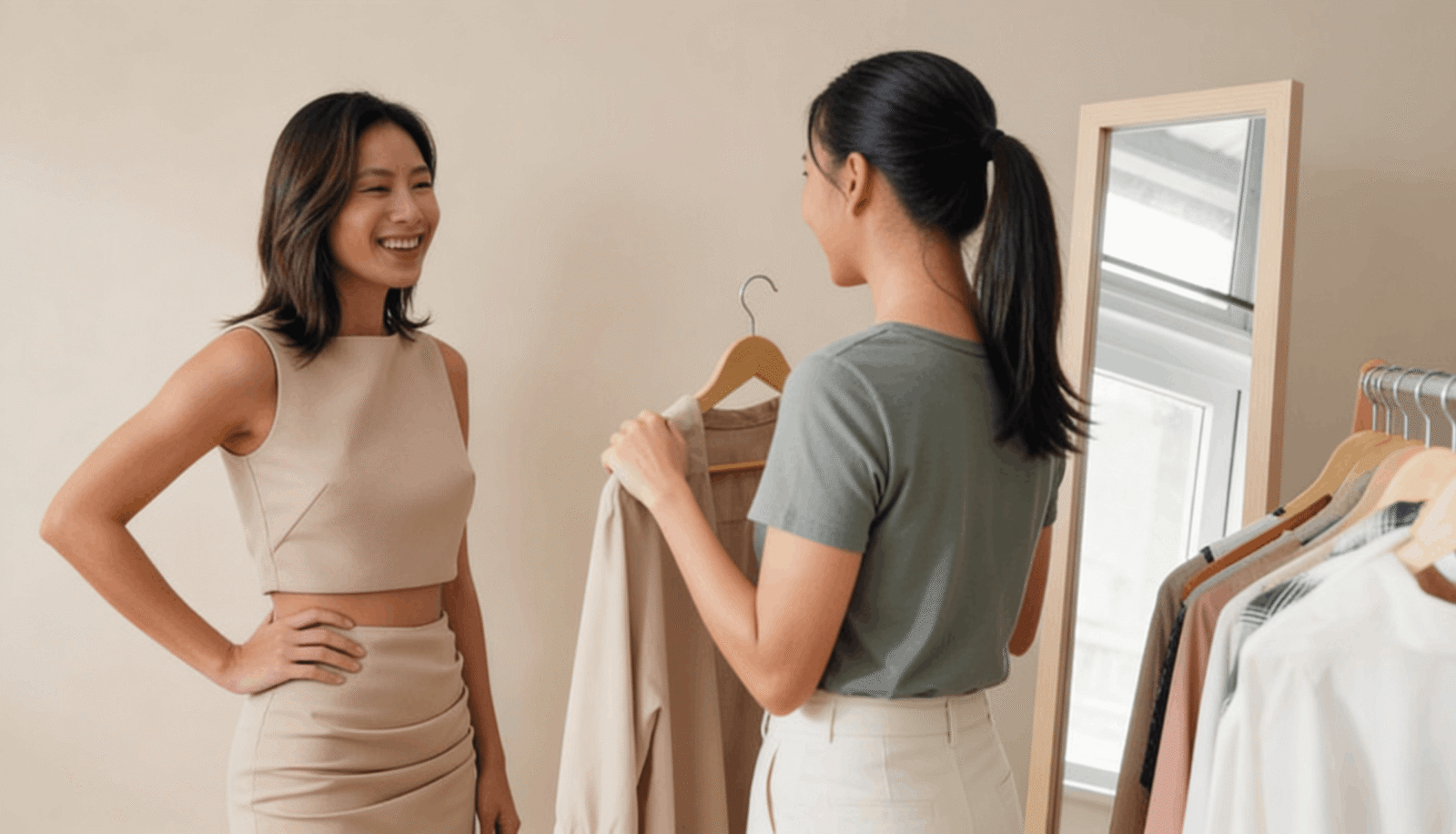 Two smiling women discussing an outfit in a bright room with a clothing rack and mirror.