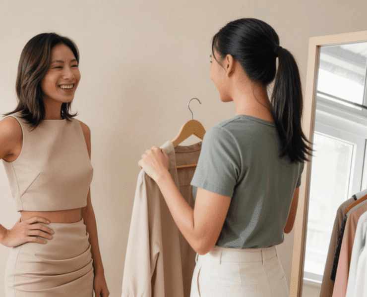 Two smiling women discussing an outfit in a bright room with a clothing rack and mirror.