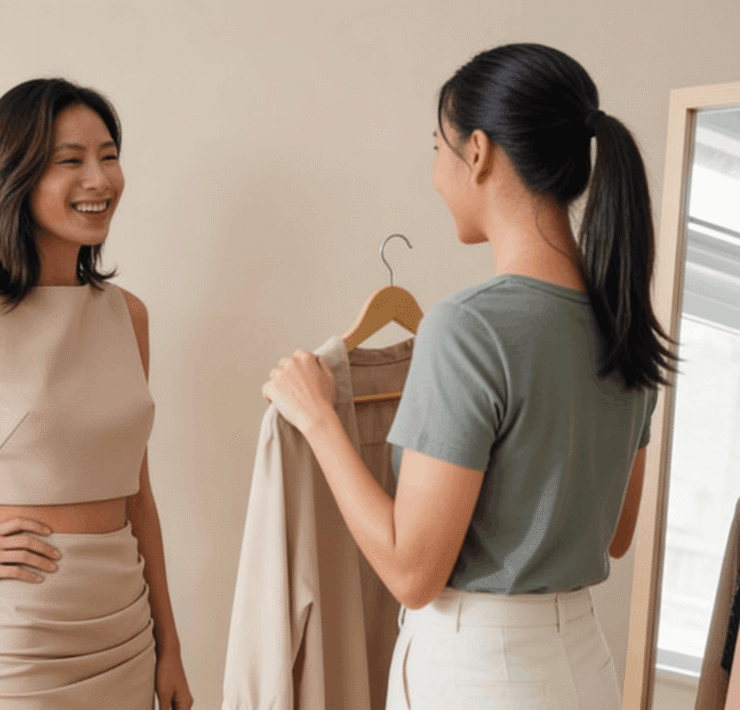 Two smiling women discussing an outfit in a bright room with a clothing rack and mirror.