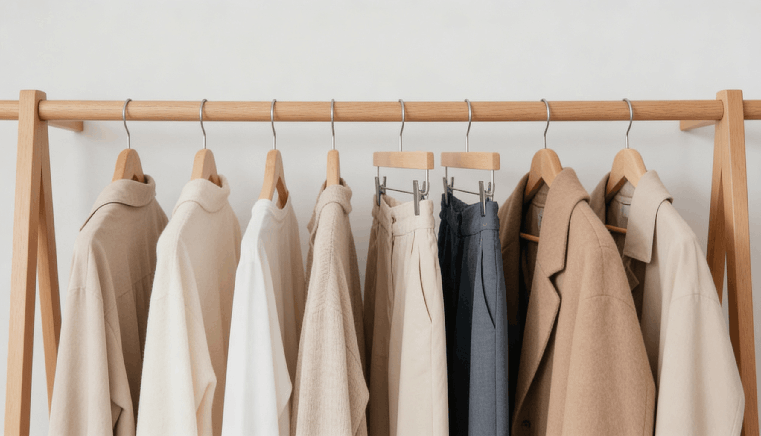 A wooden clothing rack displaying a curated capsule wardrobe of neutral-toned shirts, pants, and coats.