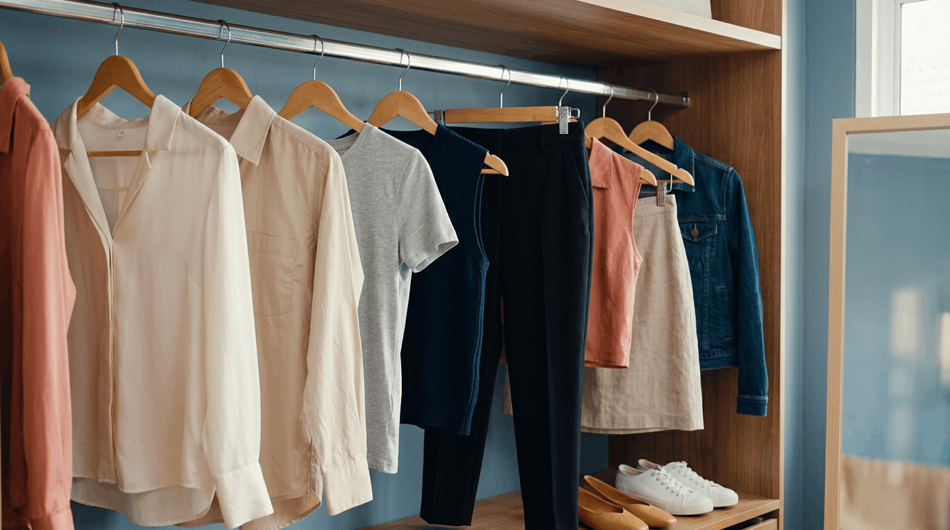 An organized walk-in closet featuring hanging clothes, folded items, and shoes on wooden shelves.