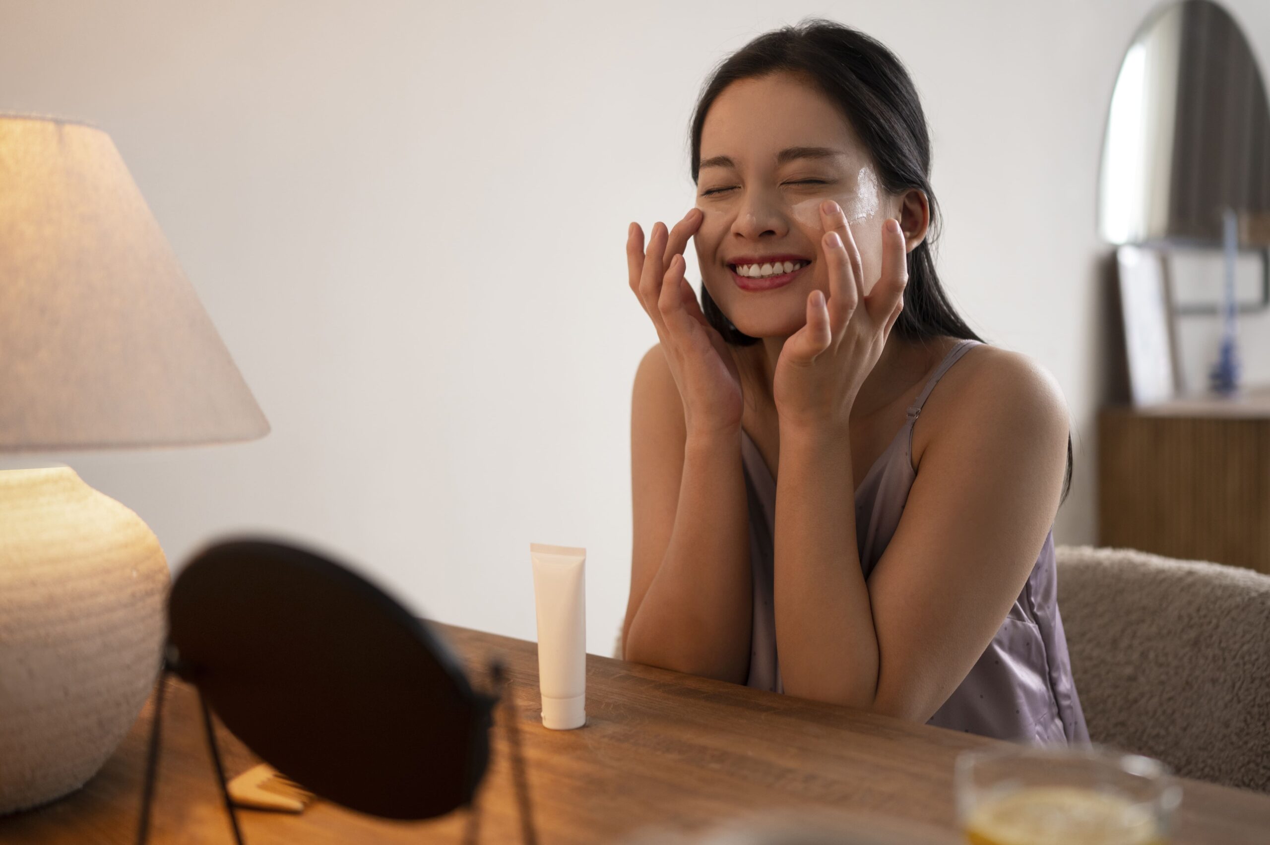 Woman smiling while applying face cream in front of a mirror