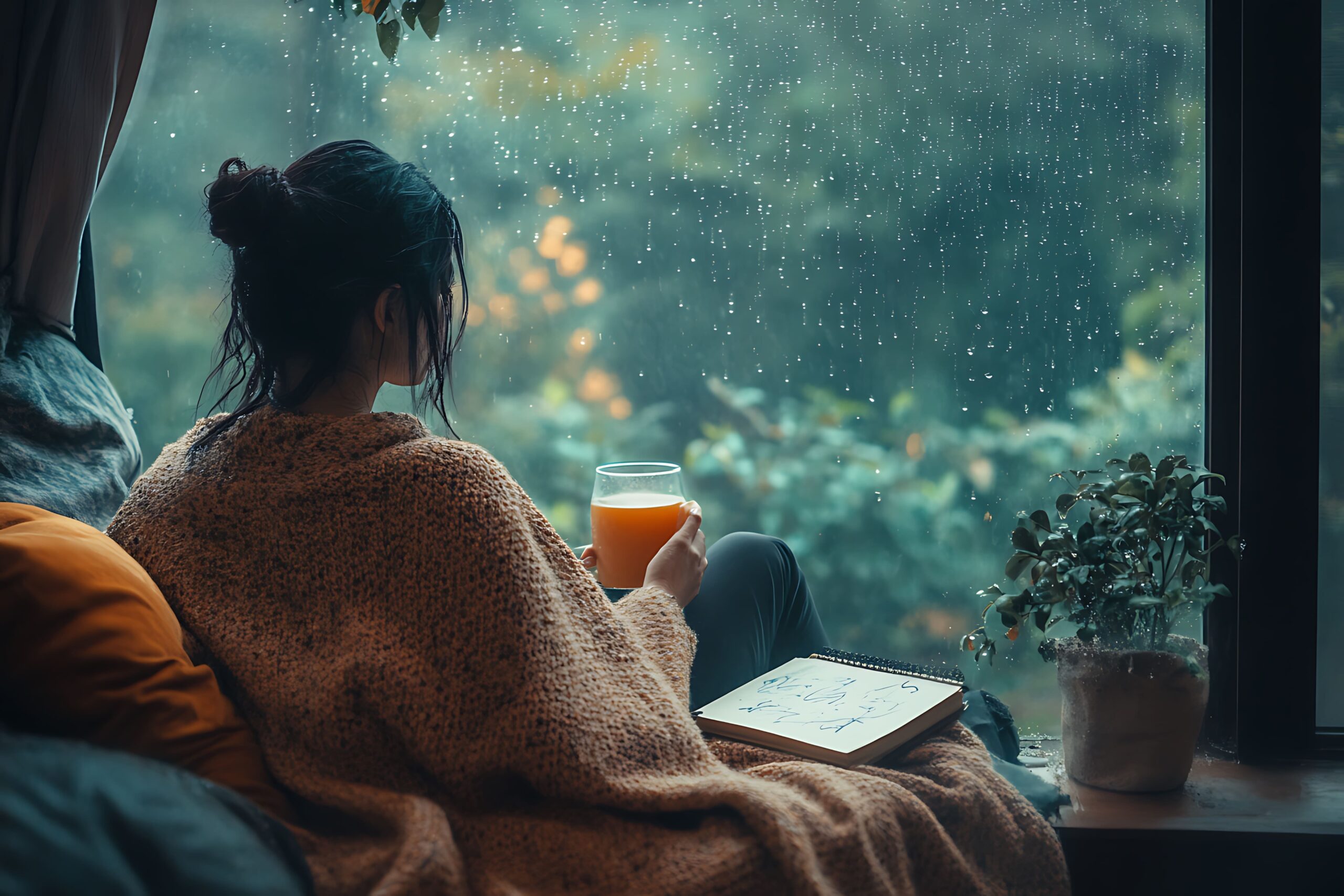 Woman relaxing by a rainy window with a warm drink and journal, showing healthy ways to boost mood during gloomy weather.