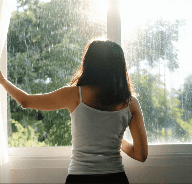 Woman opening curtains to let in natural light on a rainy morning, a simple way to support mental health during the rainy season.