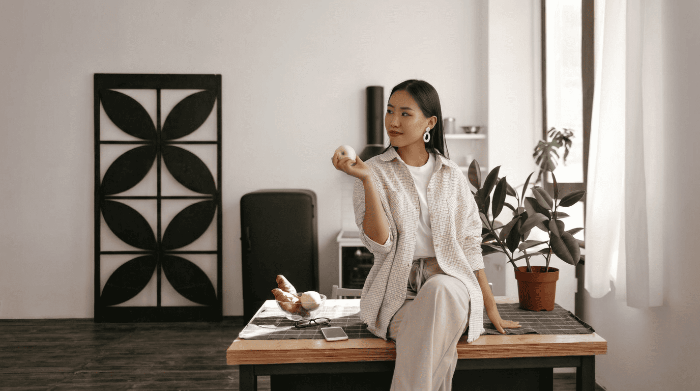A woman in a beige layered outfit, a smart casual rainy season office look