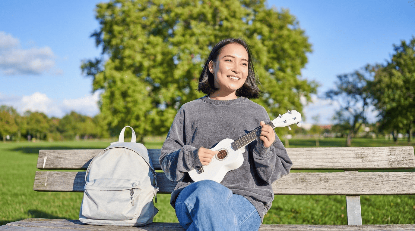 Young woman learning to play ukulele outdoors on a park bench 