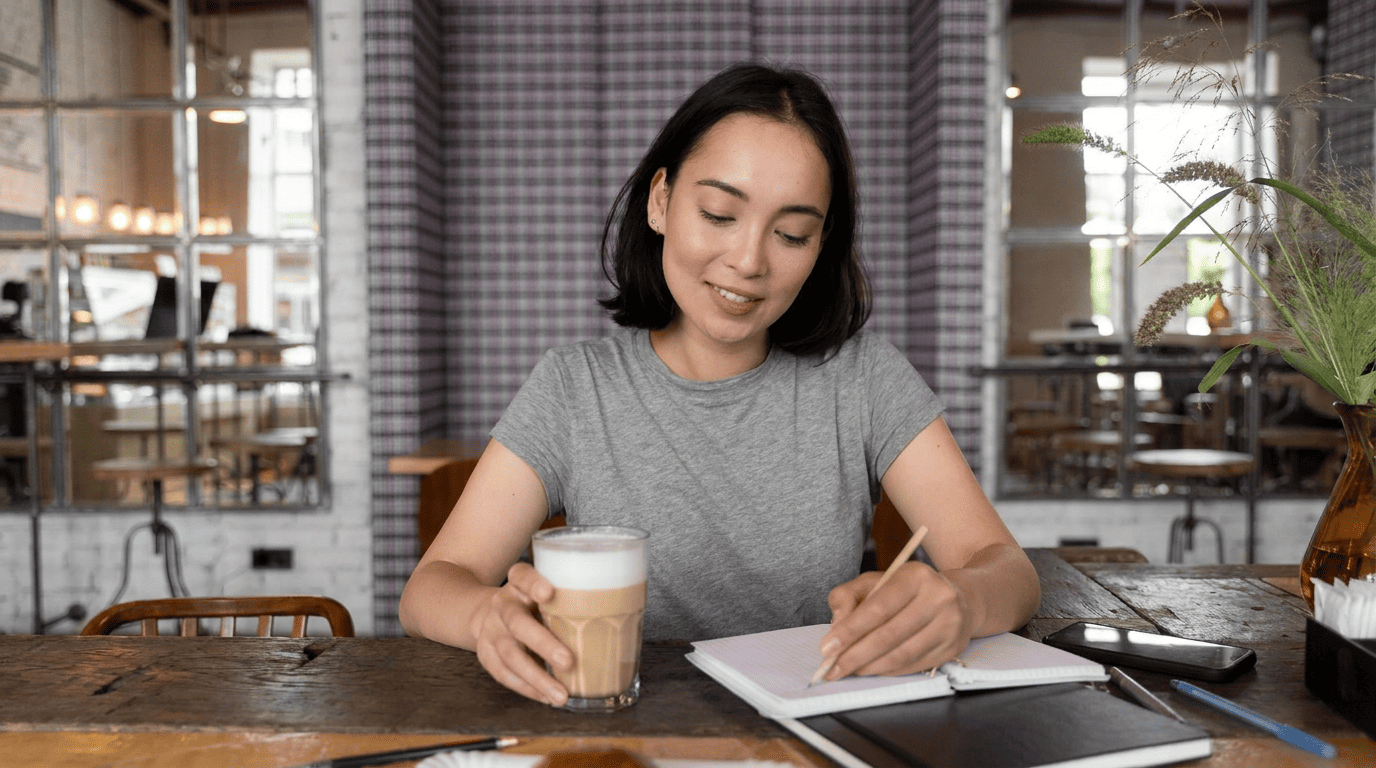 Woman writing in a journal at a café while holding a latte