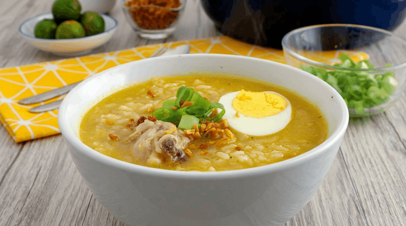 A bowl of savory rice porridge (arroz caldo) topped with a hard-boiled egg, toasted garlic, and green onions.
