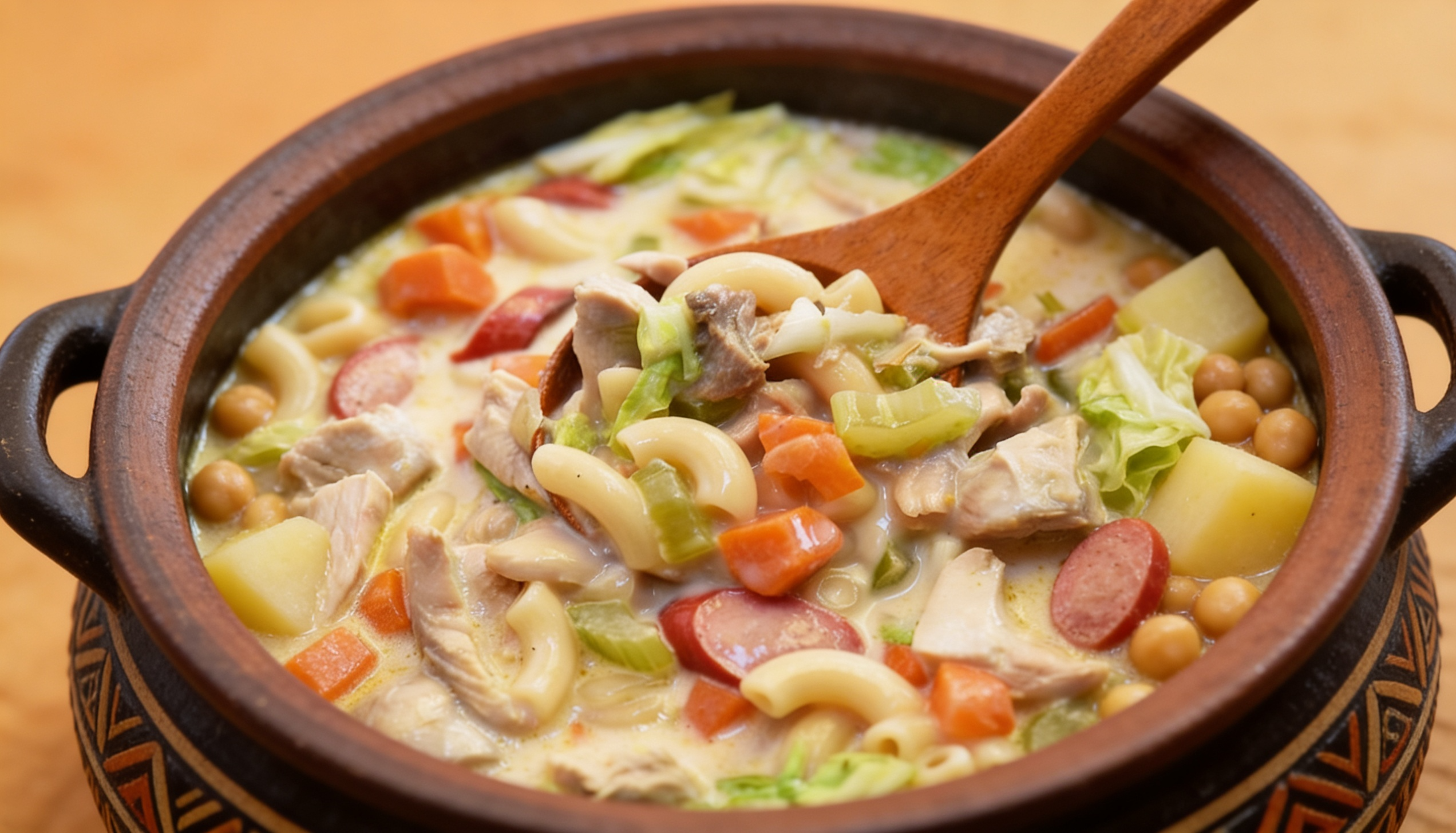 A creamy bowl of Filipino macaroni soup (sopas) filled with shredded chicken, carrots, and cabbage.