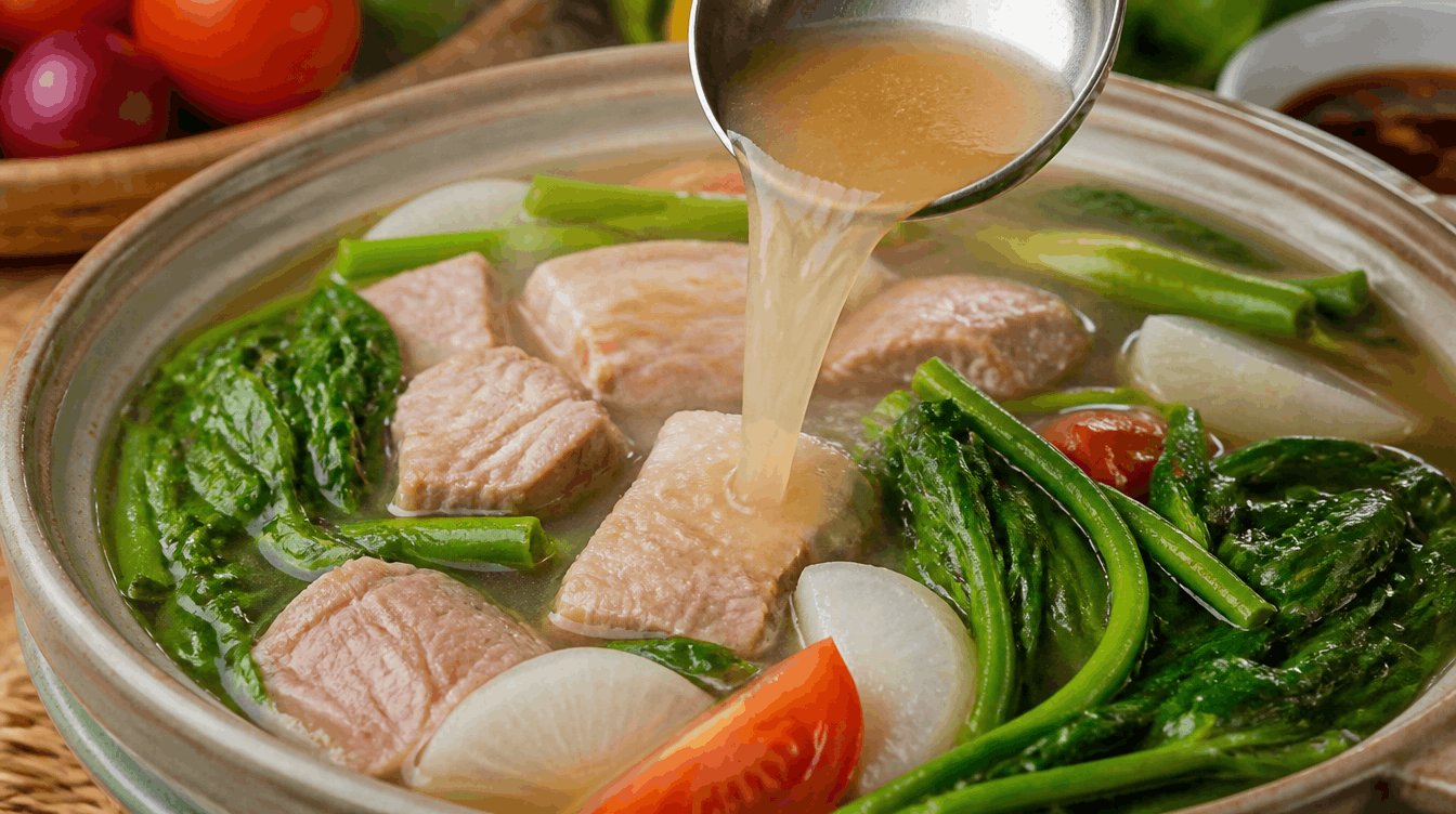 A bowl of sour tamarind soup (sinigang) featuring pork belly, taro, radish, okra, and long green chilis.