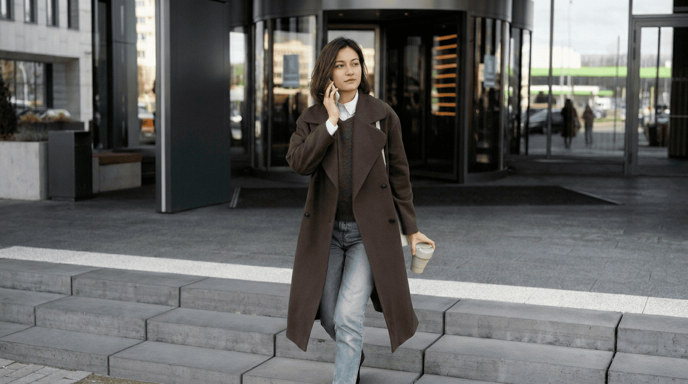 A woman in a dark brown trench coat and jeans walking into an office building on a rainy day