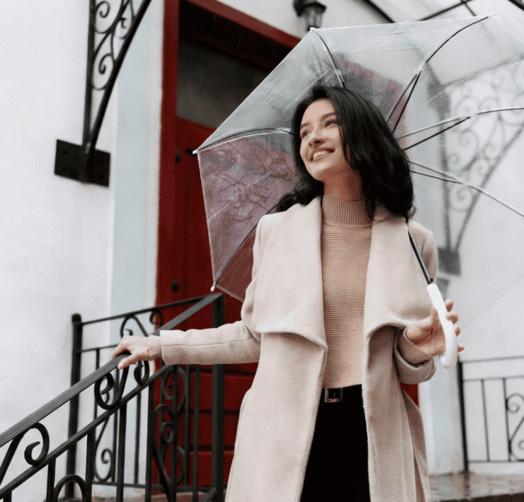 A woman in a camel coat holding a clear umbrella, a stylish rainy day outfit for work