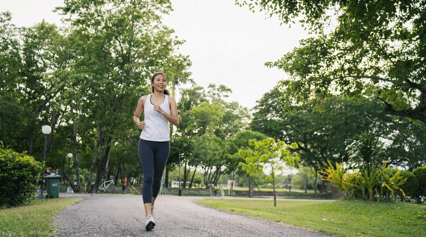 A woman running outdoors along a tree-lined park path