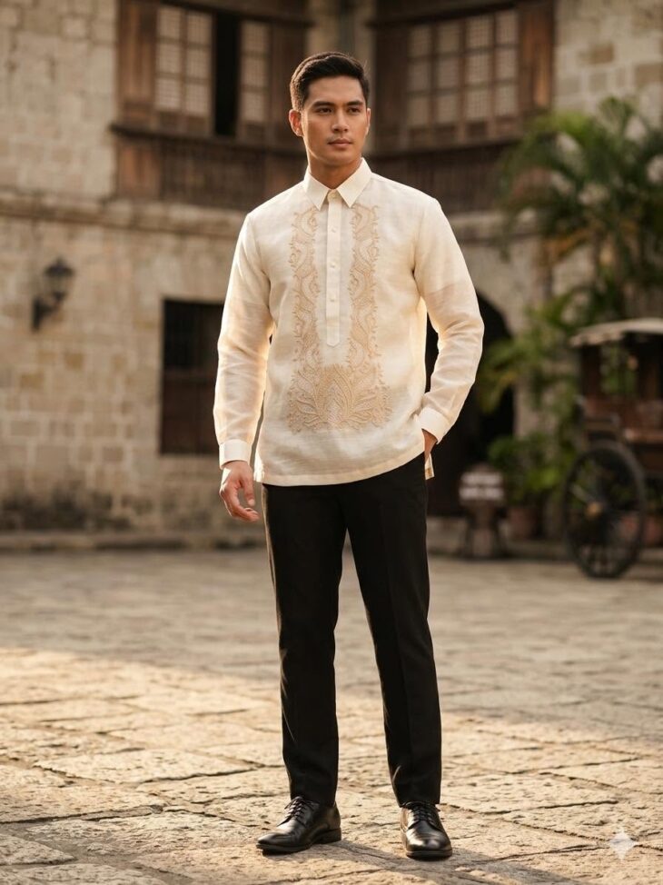 Man in cream embroidered barong and black trousers standing in a heritage stone courtyard.