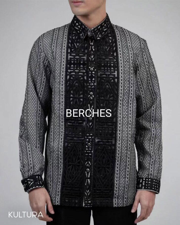 Close-up of man wearing black and white patterned barong with lace-textured front panel, labeled "Berches."