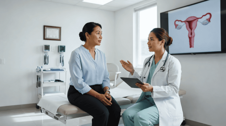 A doctor speaks with a patient in a clinic, with a diagram of a uterus displayed on a screen behind them.