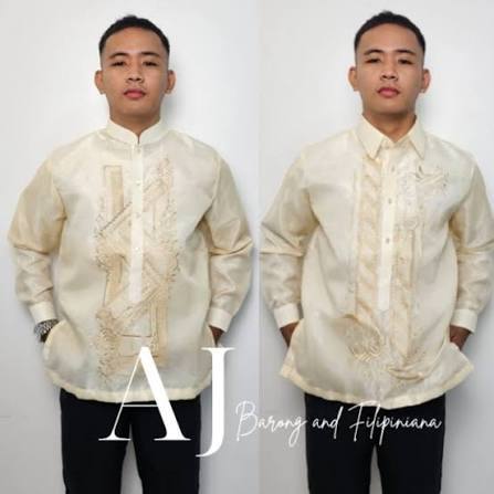 Two side-by-side photos of a man in cream barong tagalog with embroidered front panel, black pants, "AJ Barong and Filipiniana" logo.