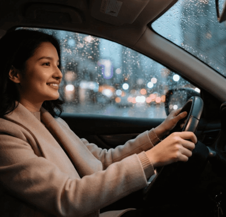 A smiling woman in a beige coat drives a car at night as rain falls on the window, with blurry city lights outside.
