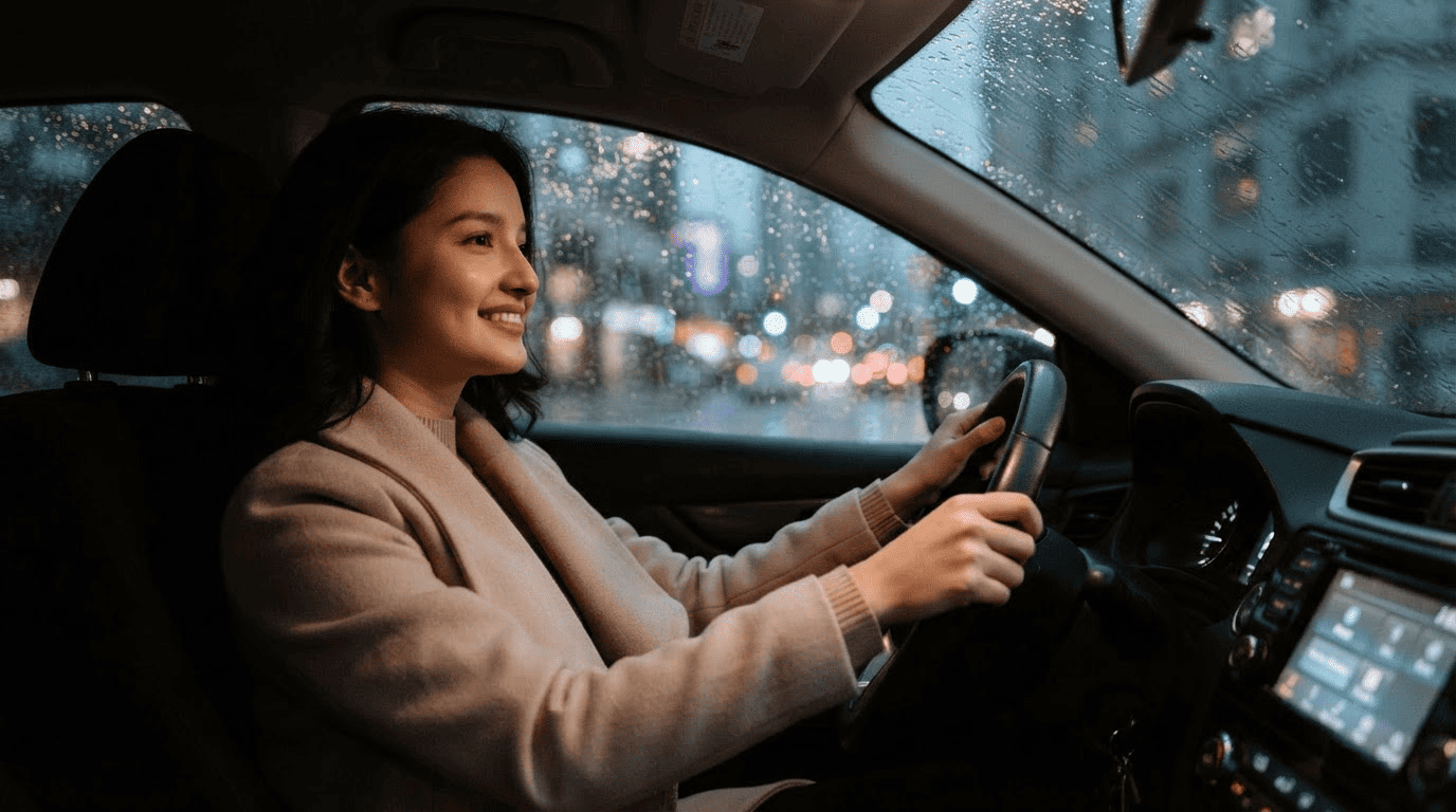 A smiling woman in a beige coat drives a car at night as rain falls on the window, with blurry city lights outside.