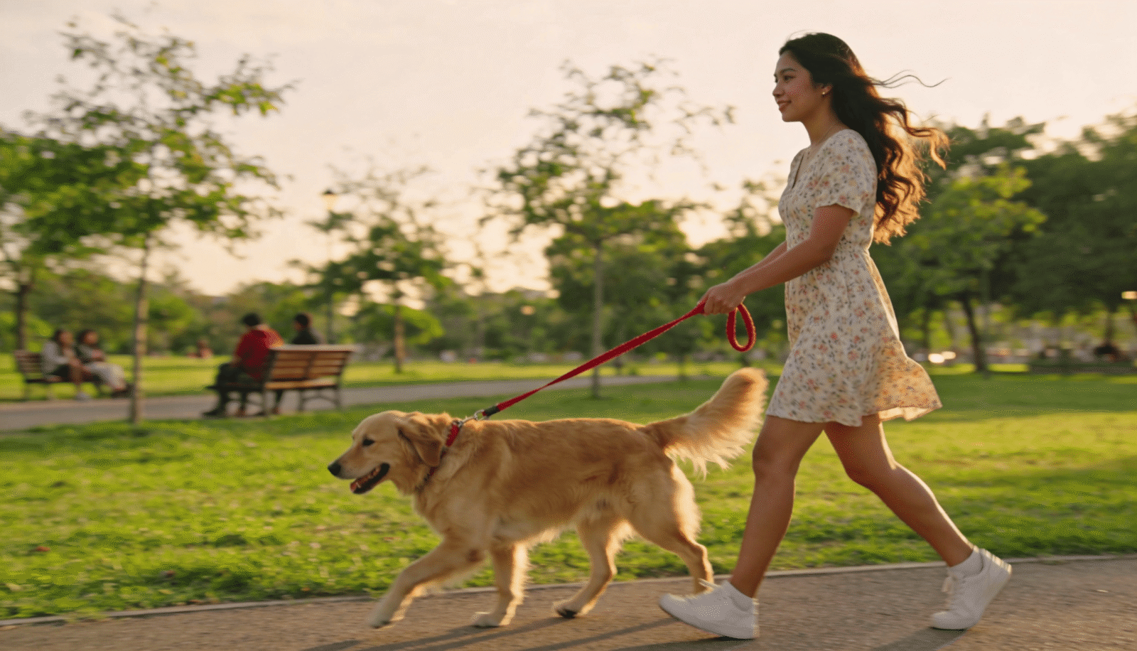 A young woman in a floral dress walking her golden retriever on a leash along a paved park path at sunset.