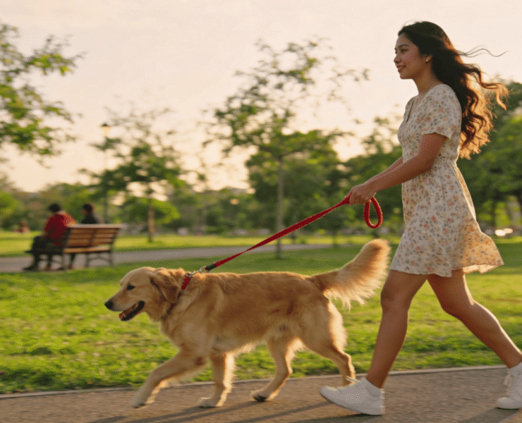 A young woman in a floral dress walking her golden retriever on a leash along a paved park path at sunset.