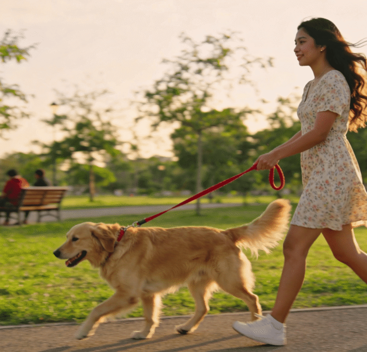 A young woman in a floral dress walking her golden retriever on a leash along a paved park path at sunset.
